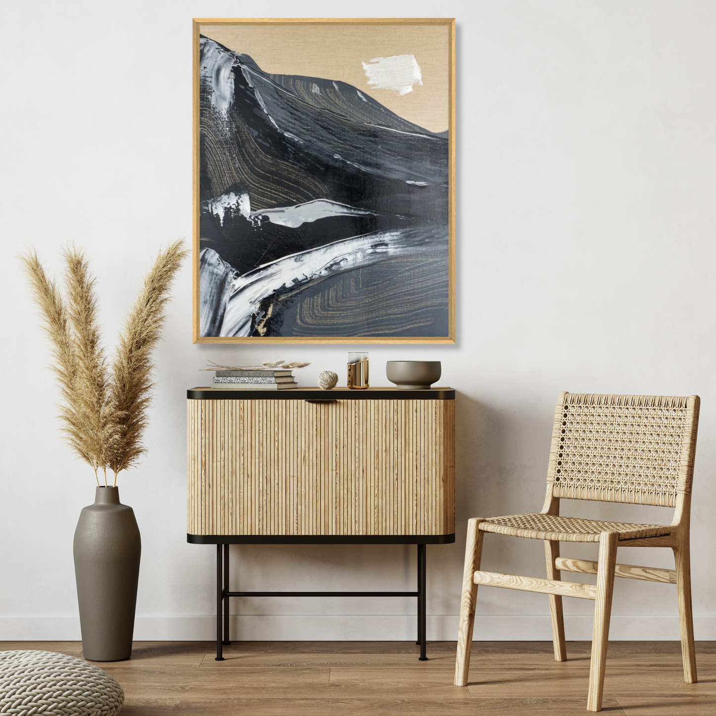 Canvas print by Max Lanzinger Artworks with wooden frame in a living room.