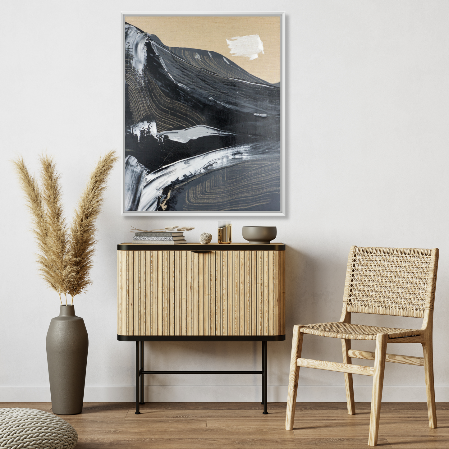 Canvas print with mountain landscape and white frame.