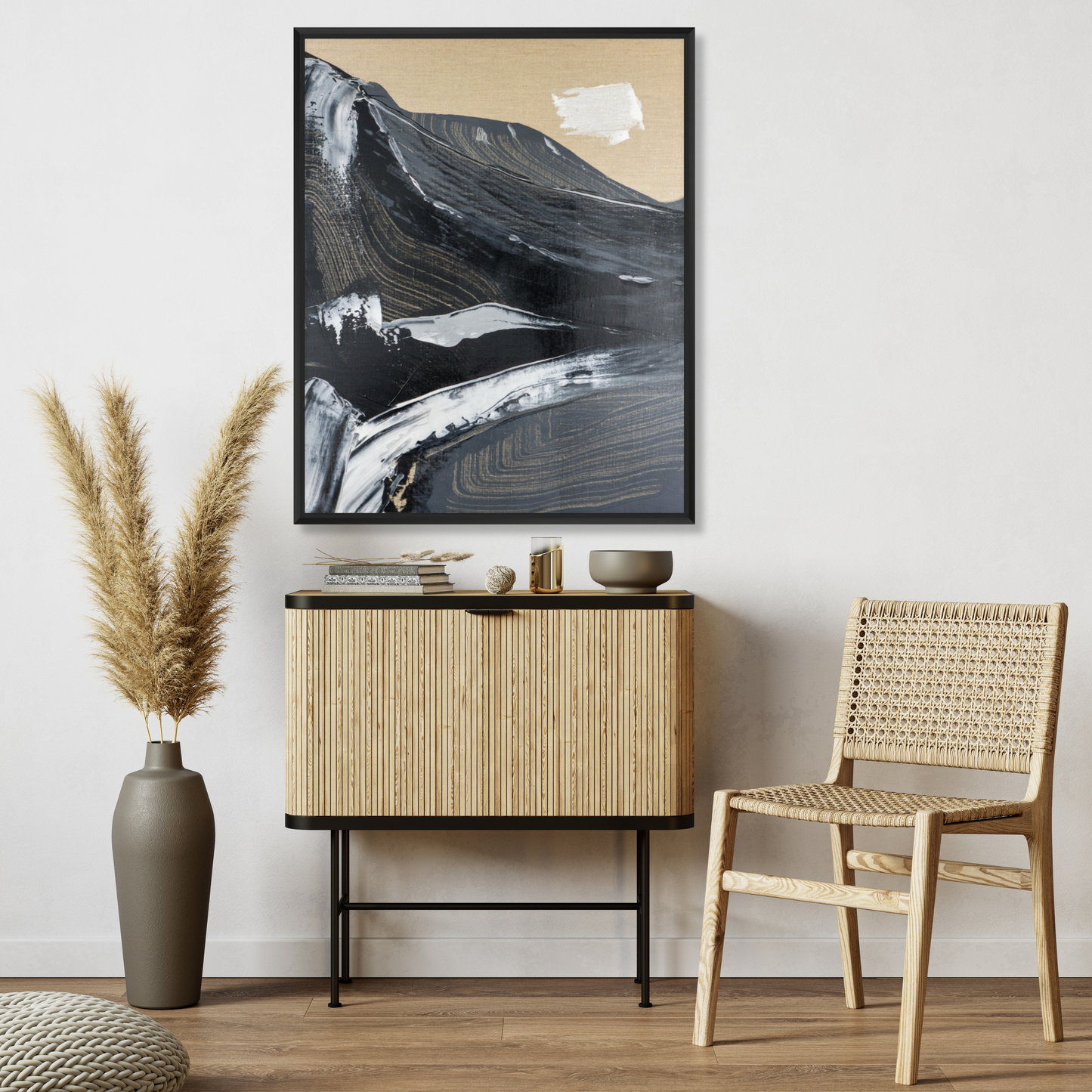 Canvas print with mountain landscape and white frame.