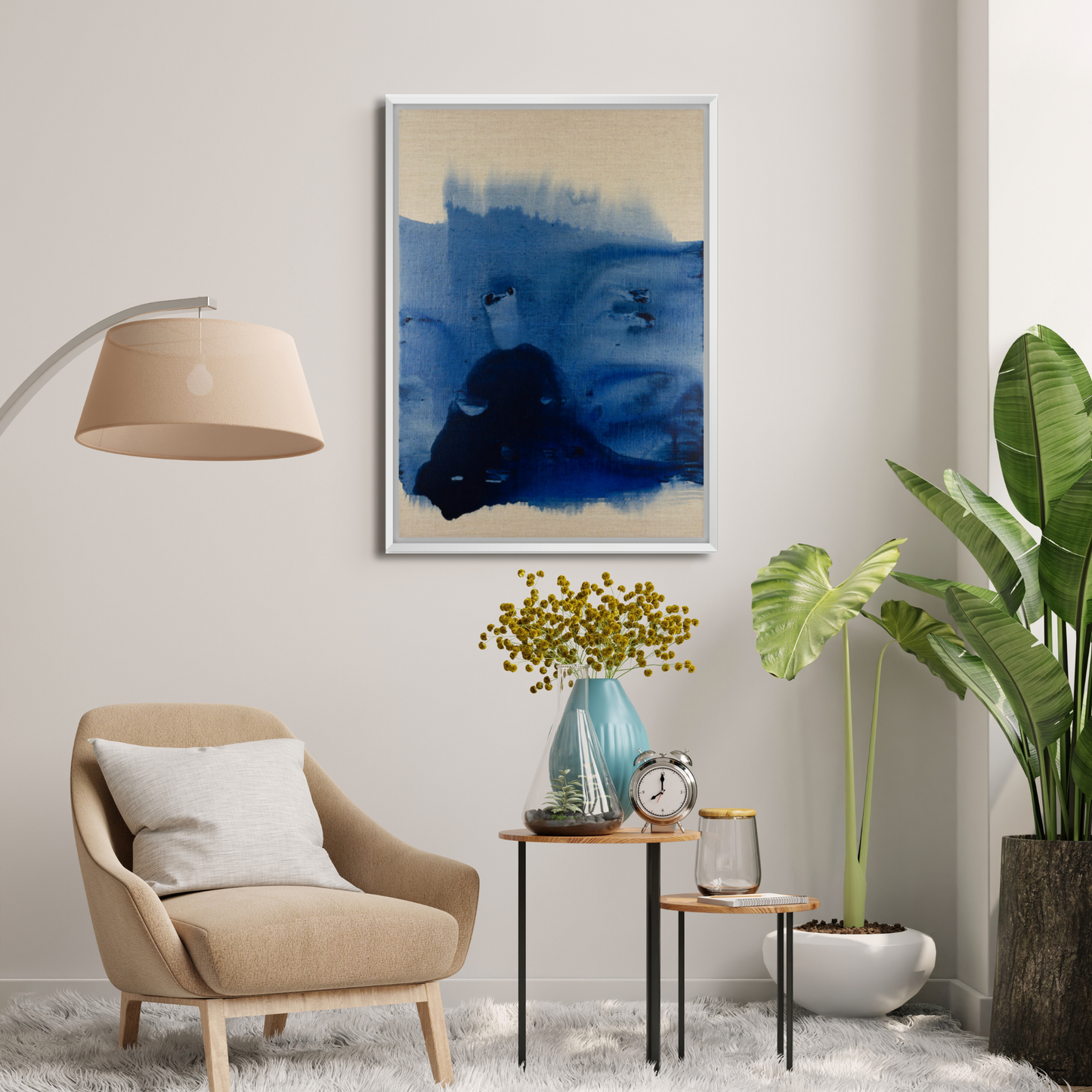 Canvas art print by Max Lanzinger with white frame in living room.