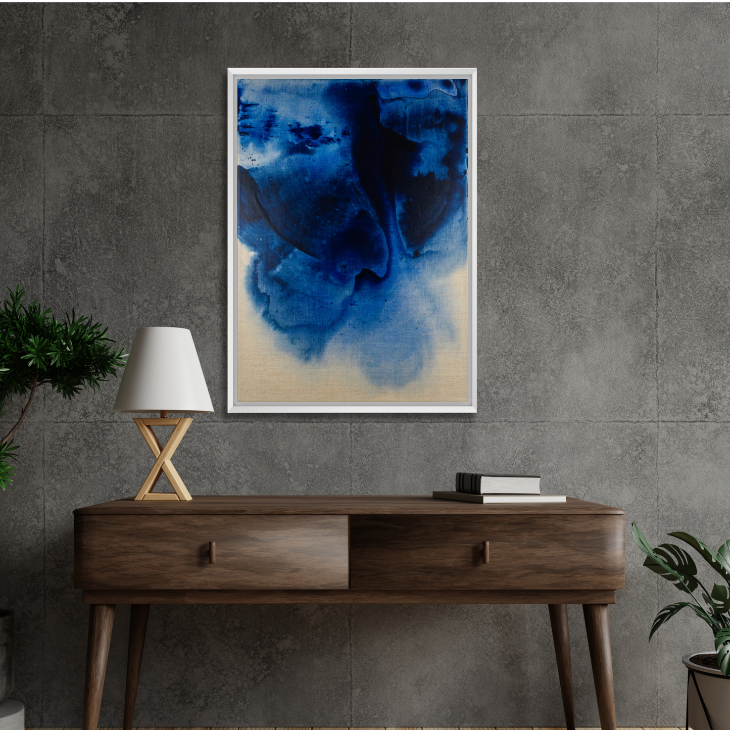 Canvas art print by Max Lanzinger with white frame hanging in a living room.