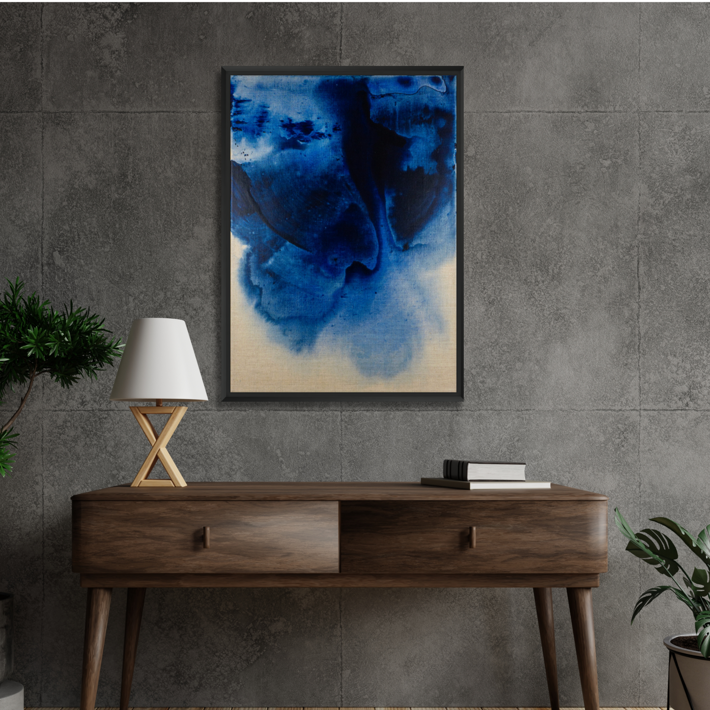 Home decor art by Max Lanzinger hanging over a living room table.