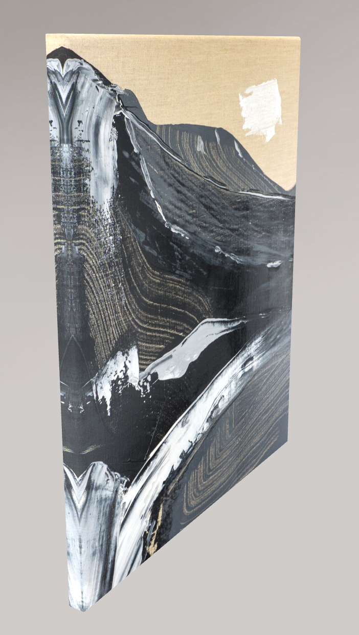 Detailed view of canvas print with mountain landscape.