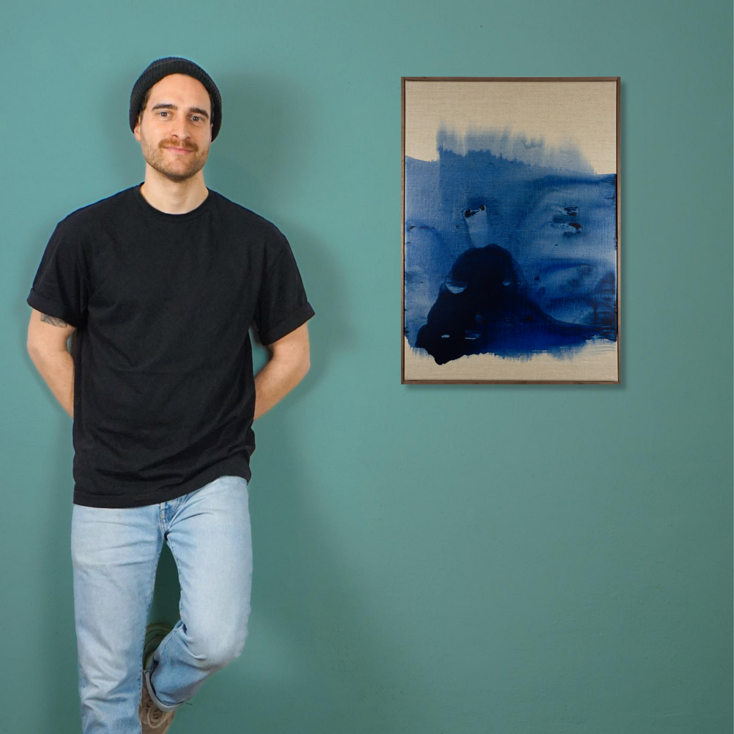Max Lanzinger next to an original acrylic painting in Vienna.