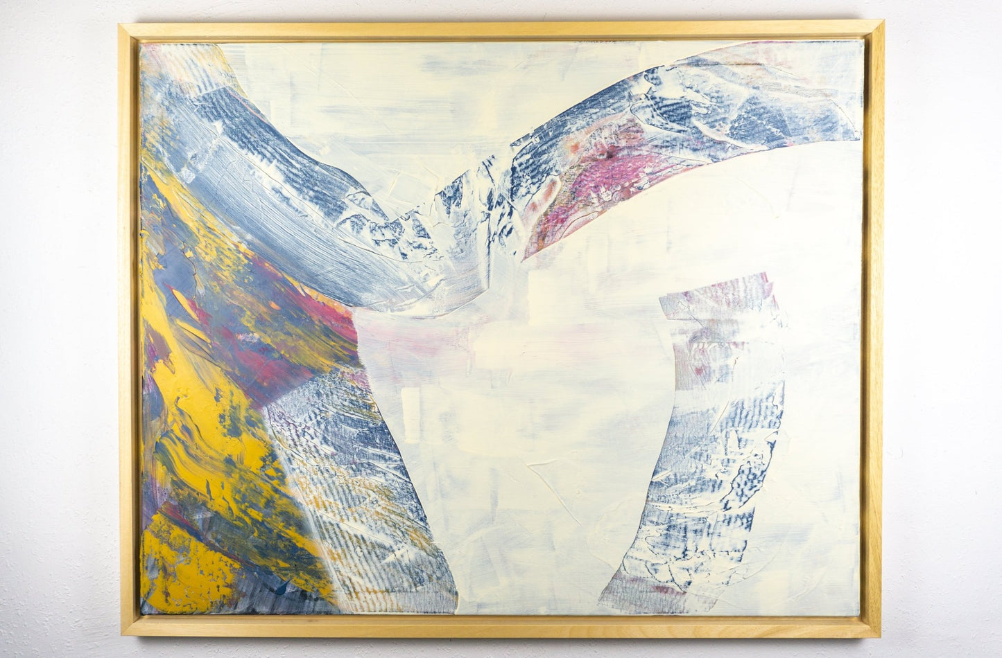 Detour - Max Lanzinger Artworks. Original white, yellow, pink and blue abstract painting with wooden frame.