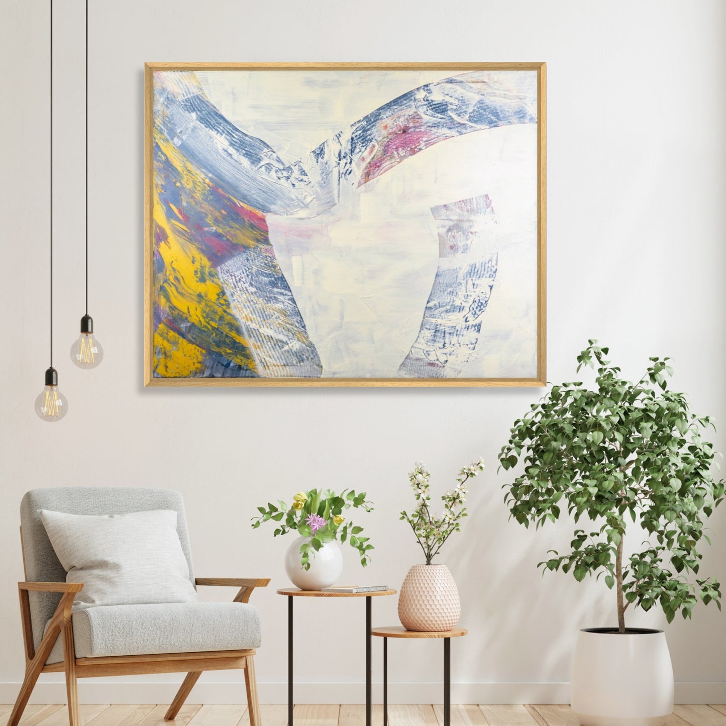 Canvas print of acrylic painting hanging in a living room as wallart.