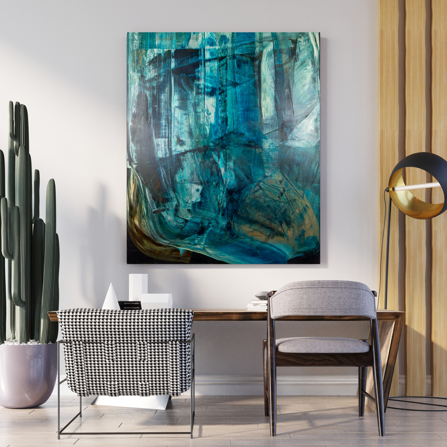 Big abstract painting by Max Lanzinger in industrial style living room in Vienna.