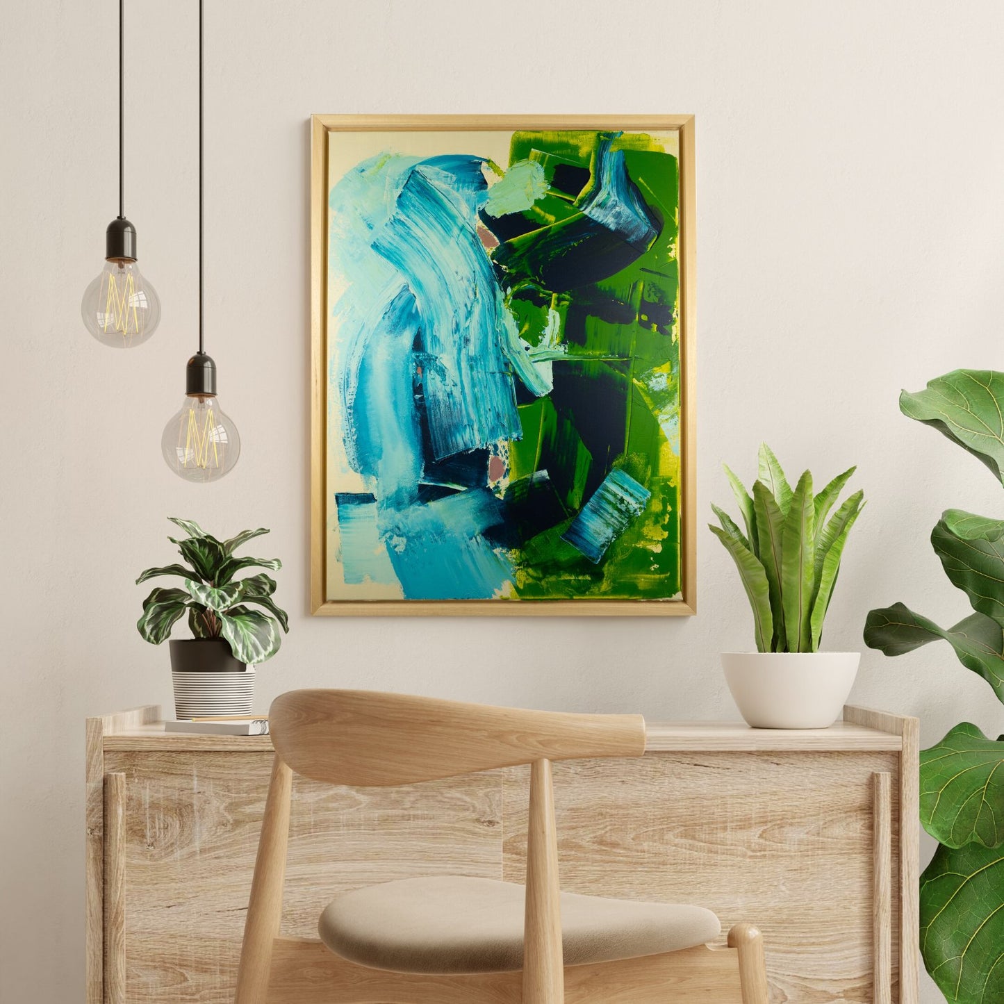 Original acrylic painting by Max Lanzinger hanging over a wooden table surrounded by plants.