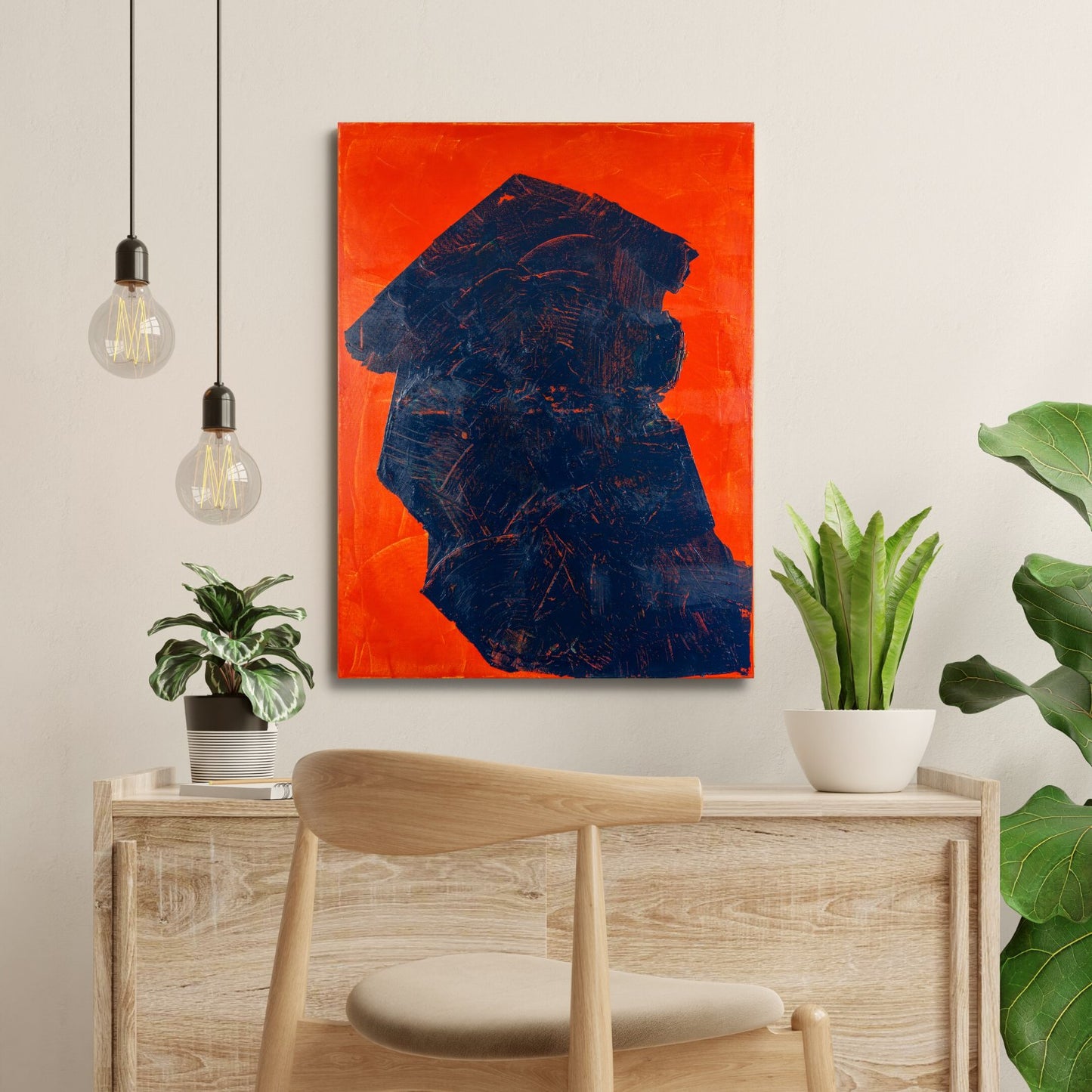 Original acrylic painting by Max Lanzinger with blue Japanese looking shape on red background.