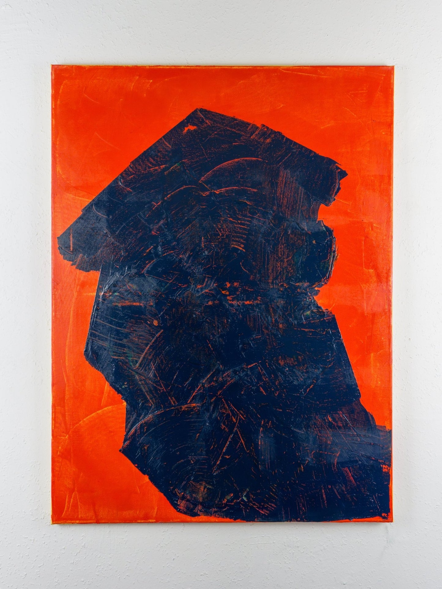 Original abstract painting by Max Lanzinger with blue Japanese looking shape on red background.