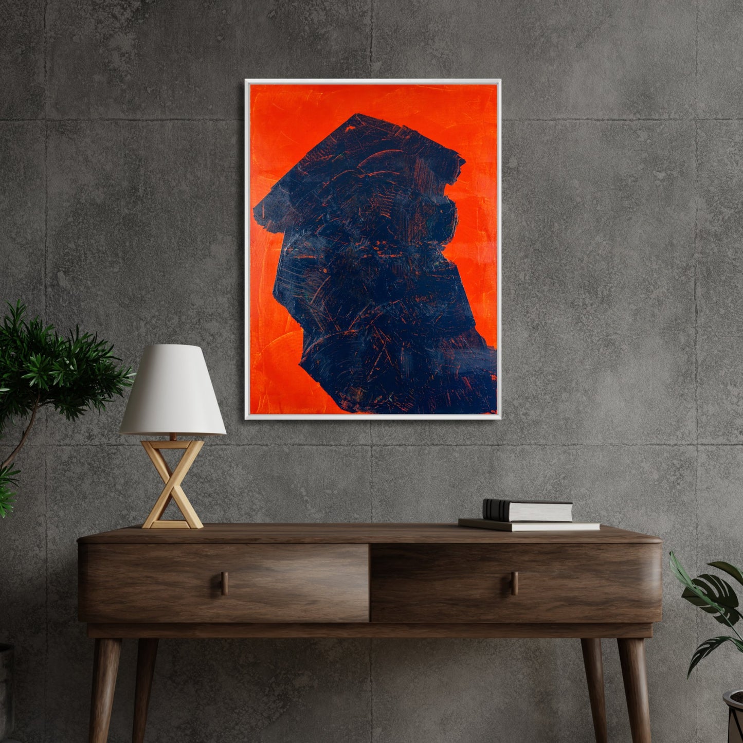 Unique canvas art print by Max Lanzinger with blue Japanese looking shape.