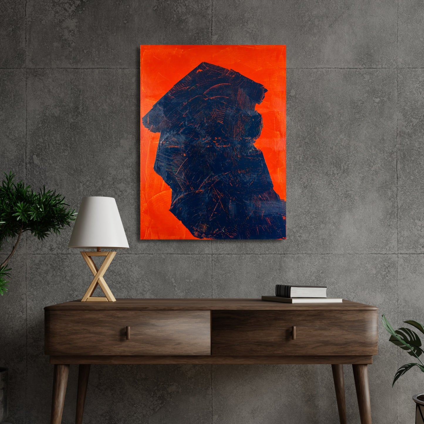 Unique canvas print by Max Lanzinger with blue Japanese looking shape on red background in a living room.