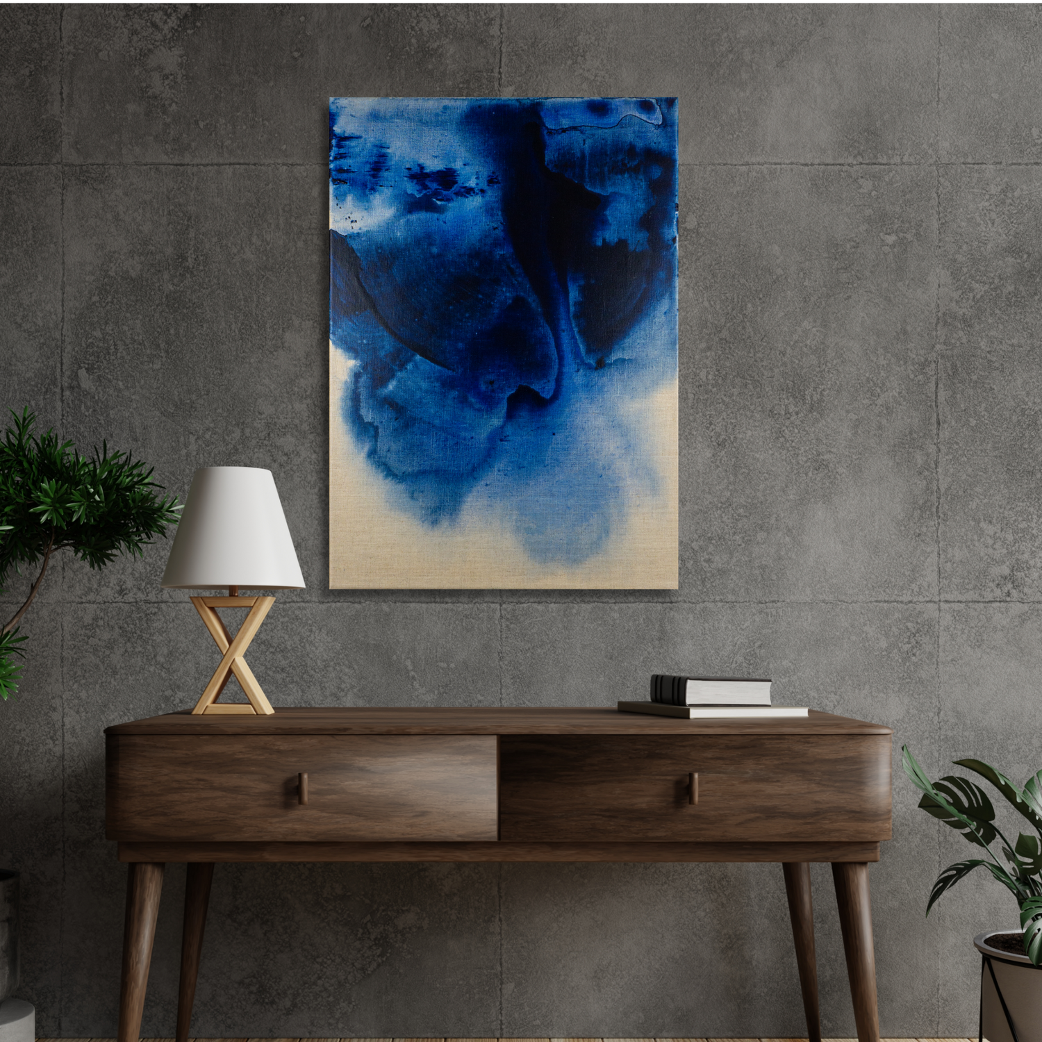 Canvas print by Max Lanzinger hanging over a living room table.