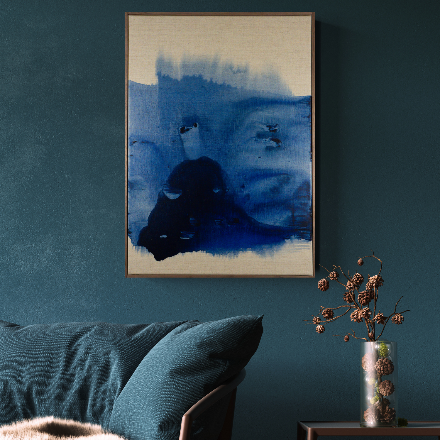 Original abstract artwork by Max Lanzinger with walnut frame.