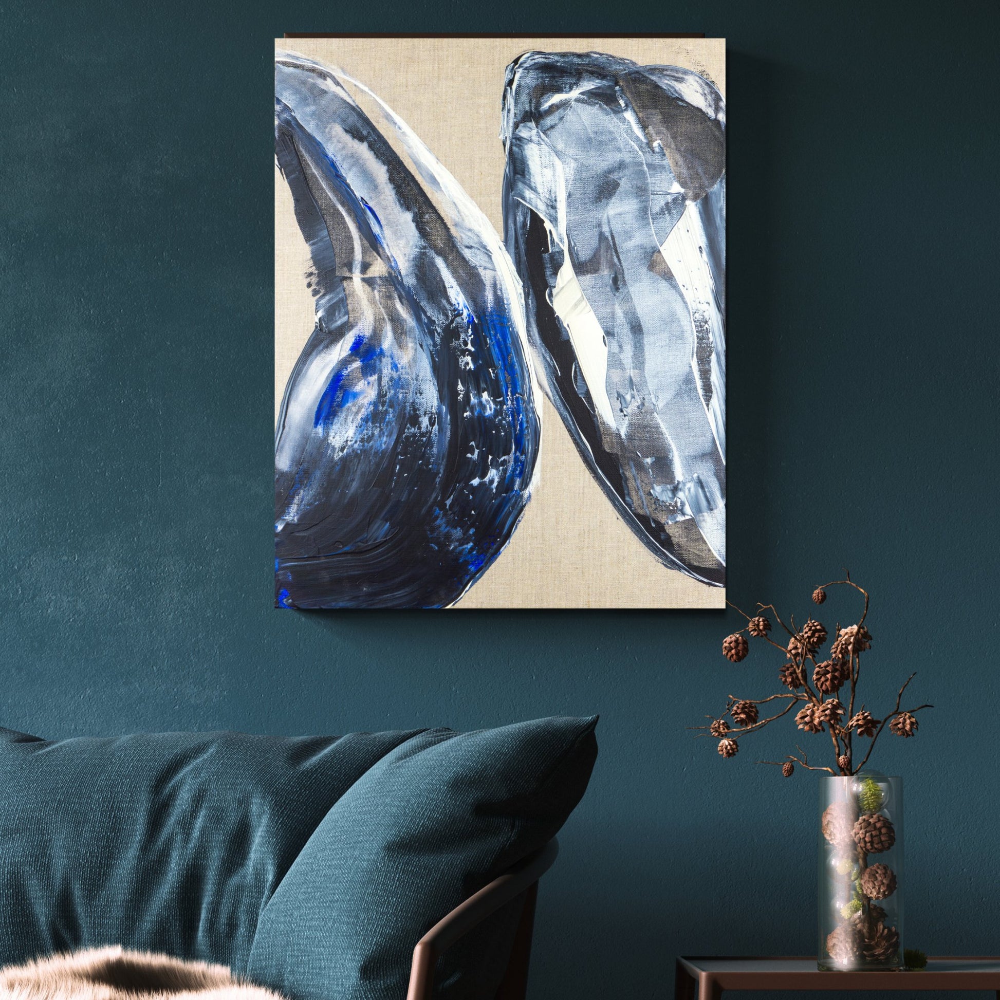 Collision - Max Lanzinger Artworks.  Canvas print with blue, black and white colliding shapes.