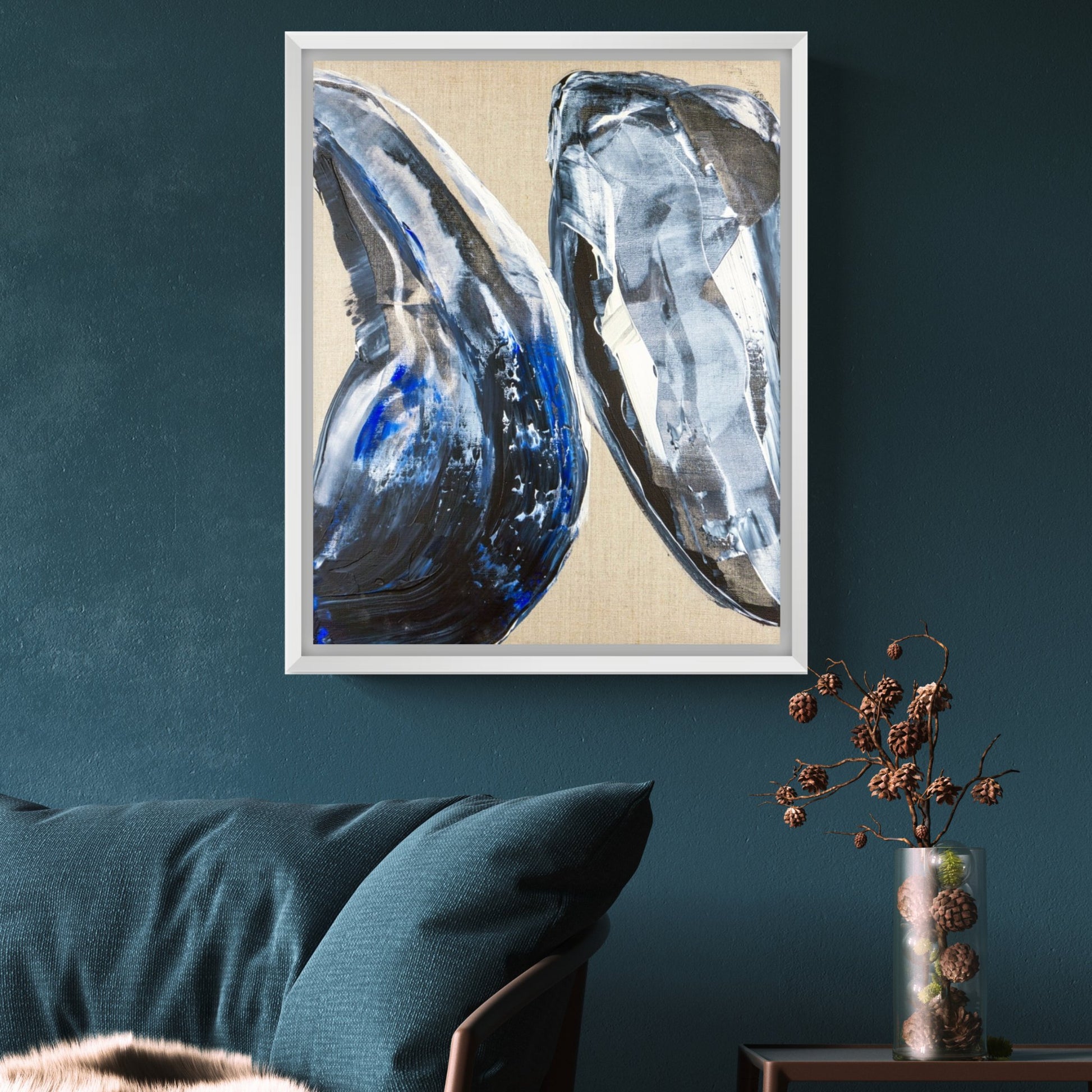 Collision (canvas print) - Max Lanzinger Artworks. Abstract canvas print with colliding shapes in living room.