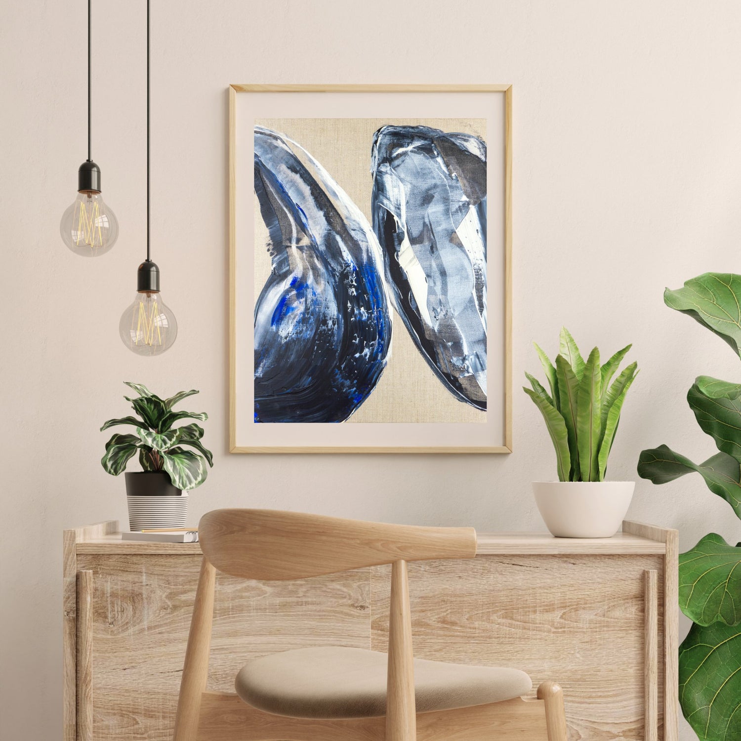 Collision (print) - Max Lanzinger Artworks. Abstract print with blue, black and white colliding shapes in living room.