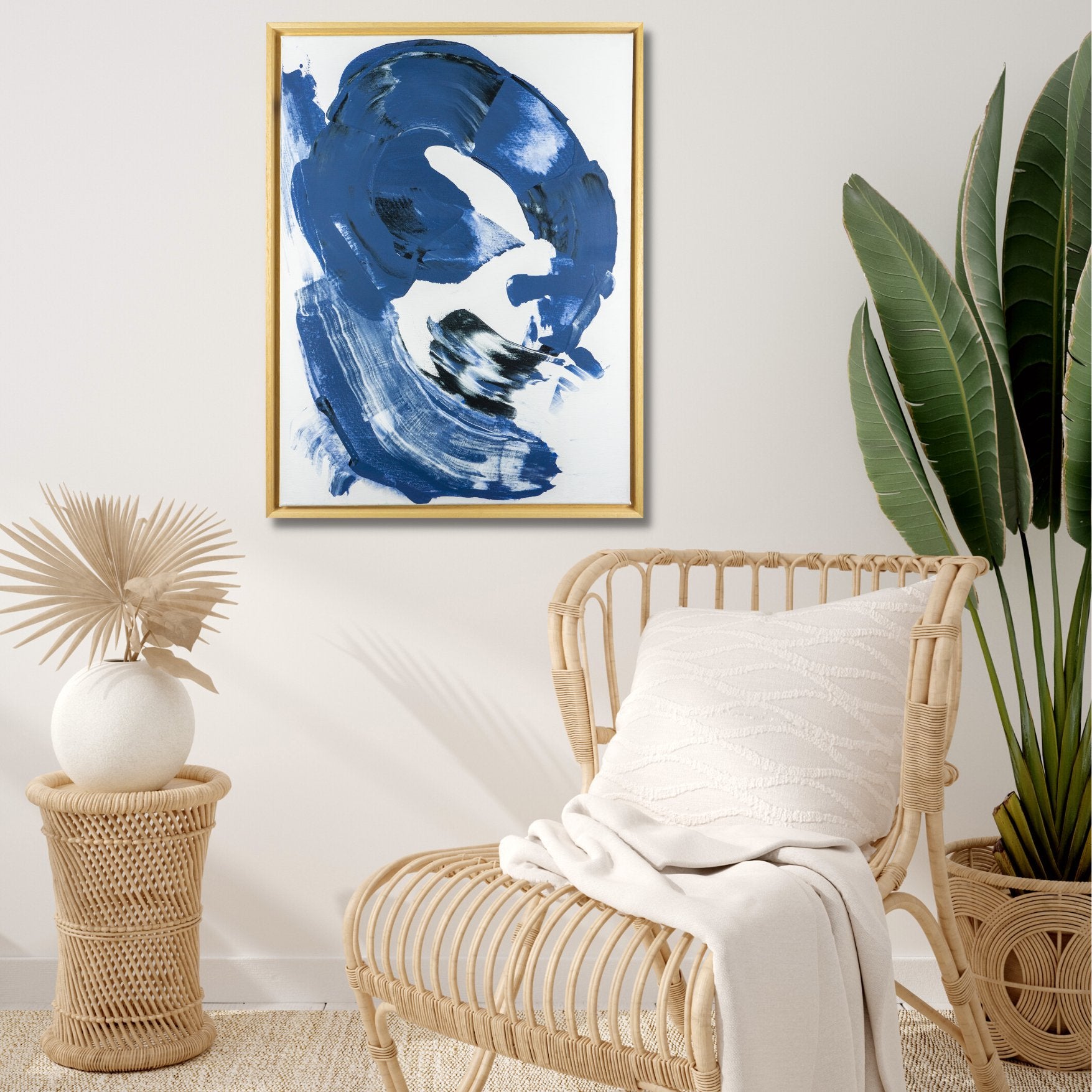 Original abstract canvas painting from Max Lanzinger with wooden frame on living room wall.
