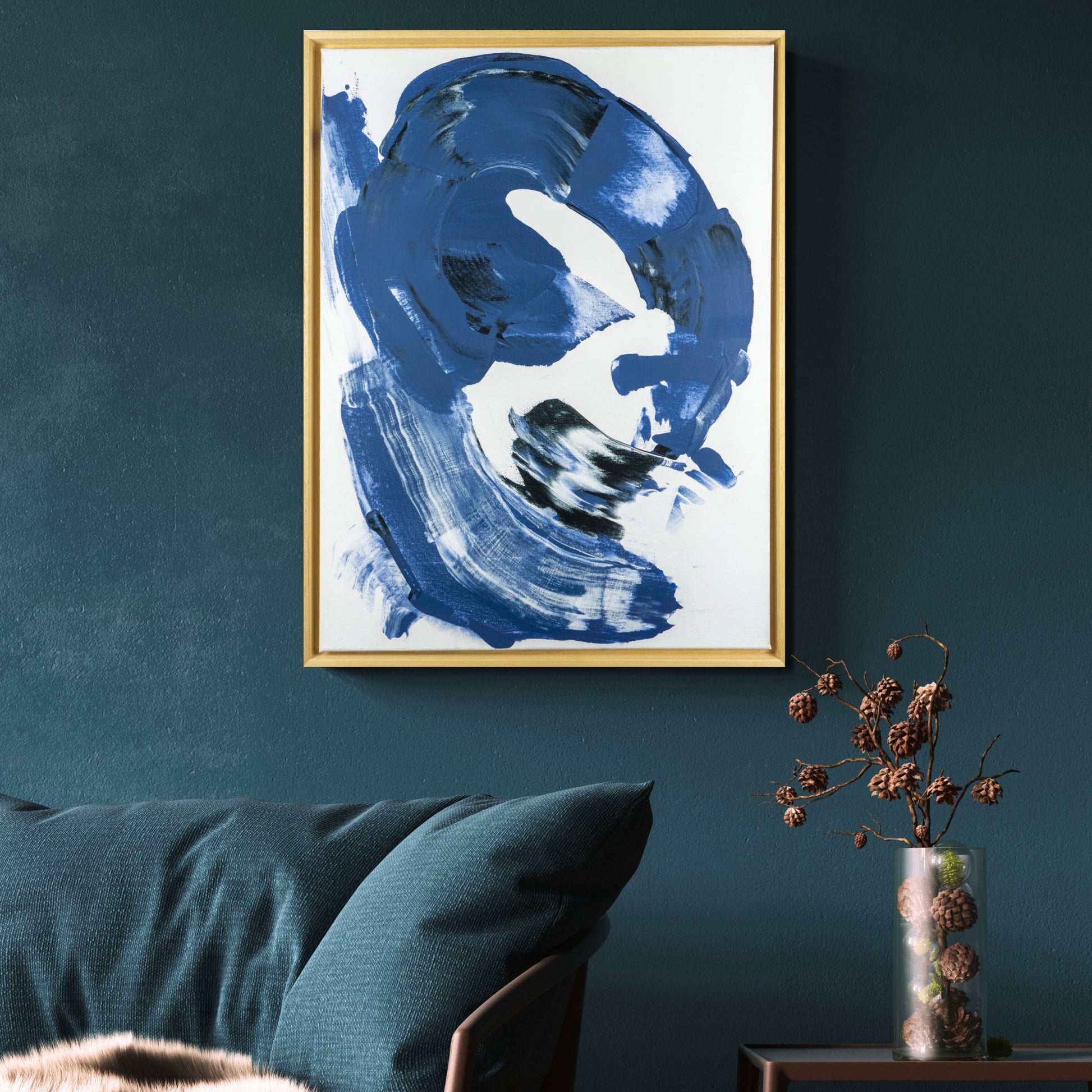 Original blue, black and white abstract painting by Max Lanzinger with wooden frame on a living room wall.