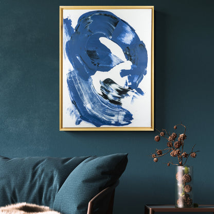 Original blue, black and white abstract painting by Max Lanzinger with wooden frame on a living room wall.